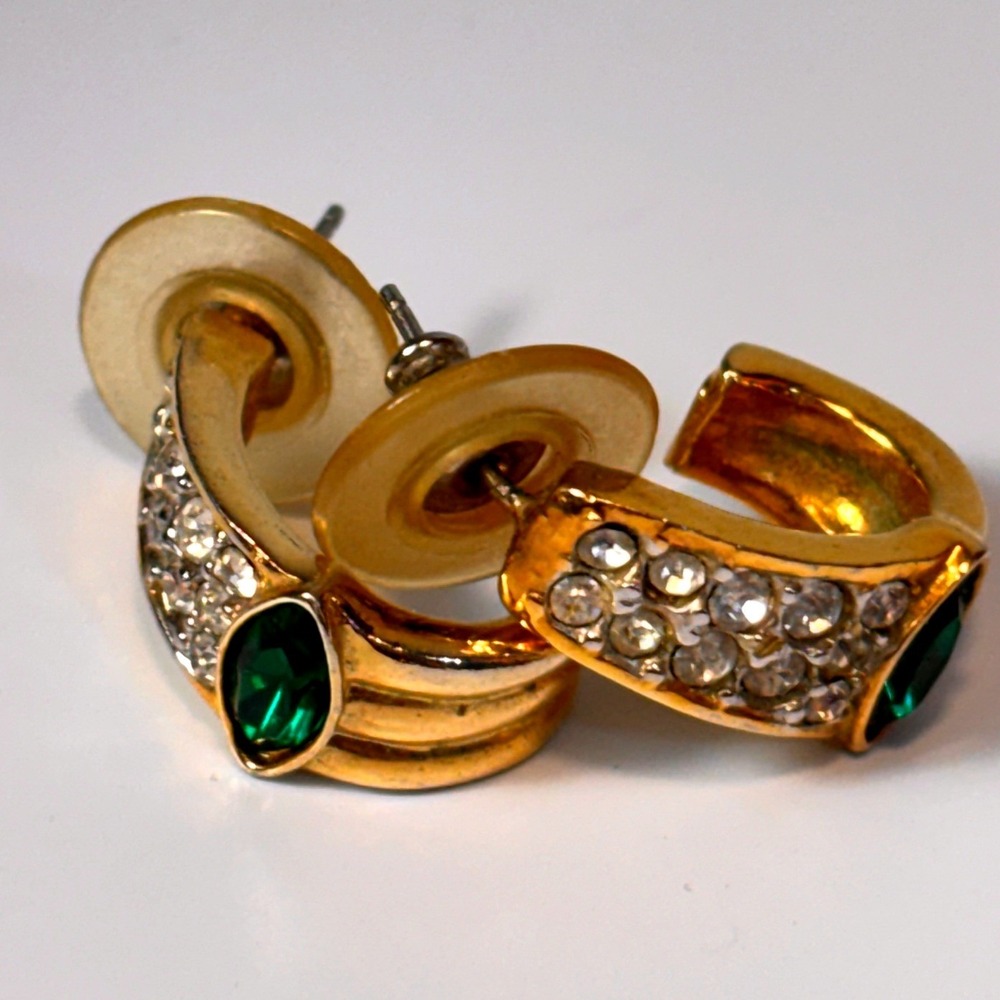 Gold Tone Green Rhinestone J-Hoop Earrings Statement Glam Art Deco